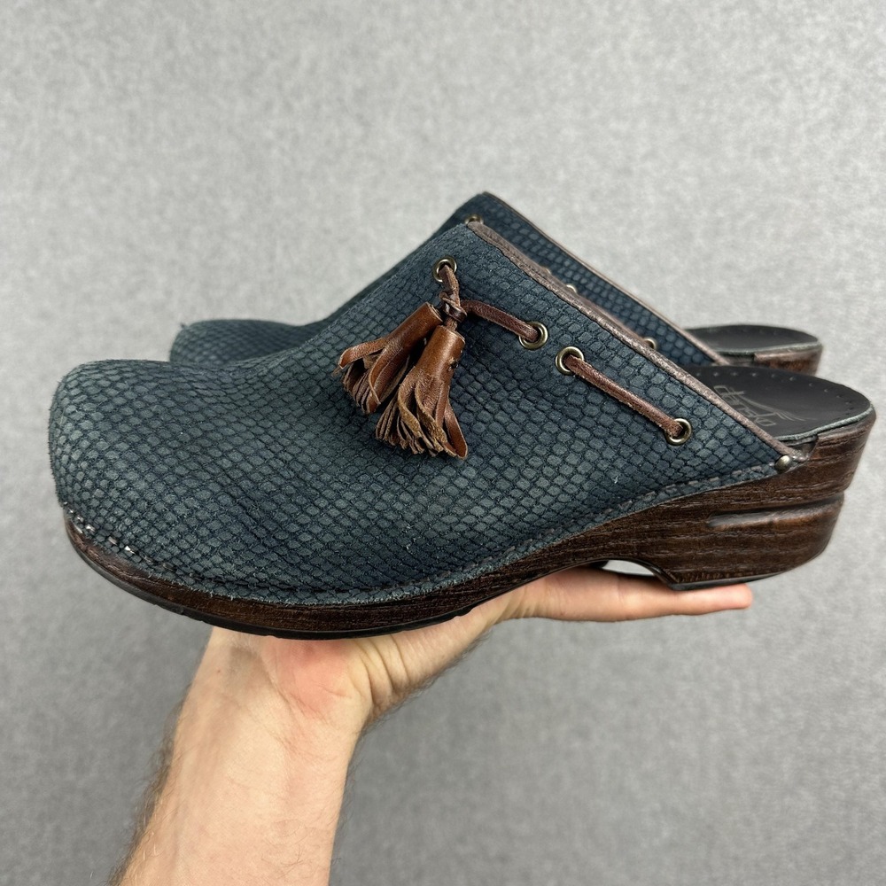 Dansko Shoes Womens Size 9.5 Blue Leather Tassel Clog Mule Slip On 178555378 - Picture 3 of 13